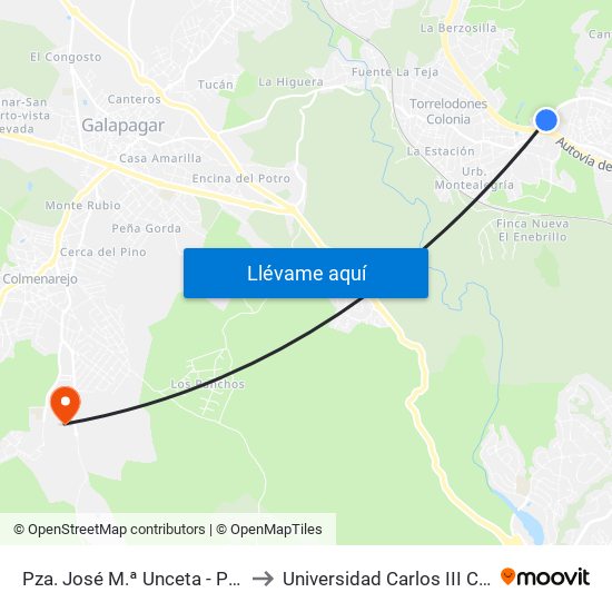 Pza. José M.ª Unceta - Polideportivo to Universidad Carlos III Colmenarejo map