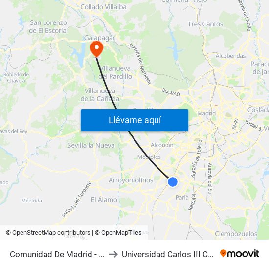 Comunidad De Madrid - Panaderas to Universidad Carlos III Colmenarejo map