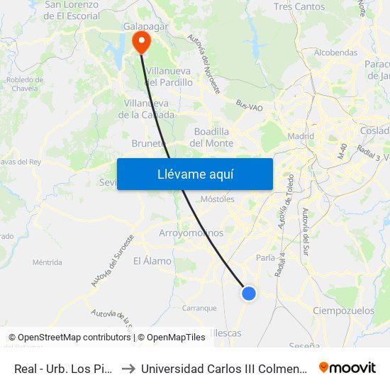 Real - Urb. Los Pinos to Universidad Carlos III Colmenarejo map