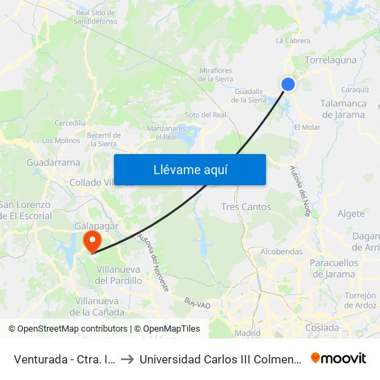 Venturada - Ctra. Irún to Universidad Carlos III Colmenarejo map