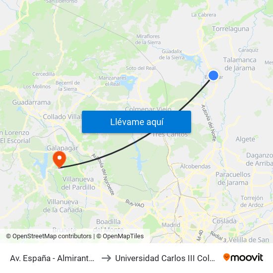 Av. España - Almirante Martel to Universidad Carlos III Colmenarejo map