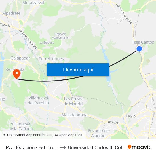 Pza. Estación - Est. Tres Cantos to Universidad Carlos III Colmenarejo map