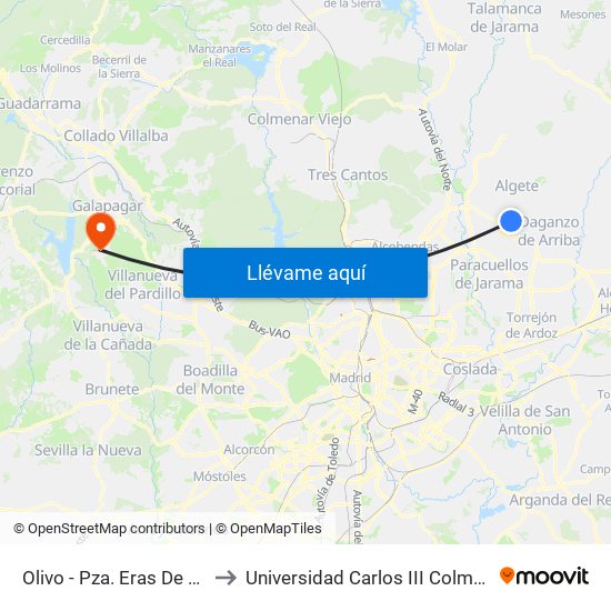 Olivo - Pza. Eras De Arriba to Universidad Carlos III Colmenarejo map