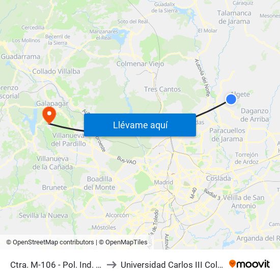 Ctra. M-106 - Pol. Ind. El Nogal to Universidad Carlos III Colmenarejo map