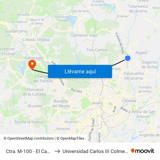 Ctra. M-100 - El Casetón to Universidad Carlos III Colmenarejo map
