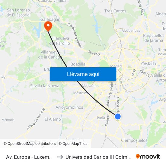 Av. Europa - Luxemburgo to Universidad Carlos III Colmenarejo map