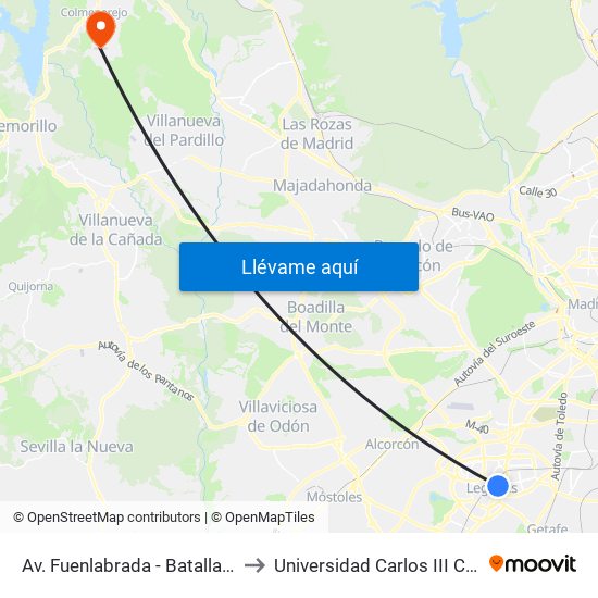 Av. Fuenlabrada - Batalla De Brunete to Universidad Carlos III Colmenarejo map
