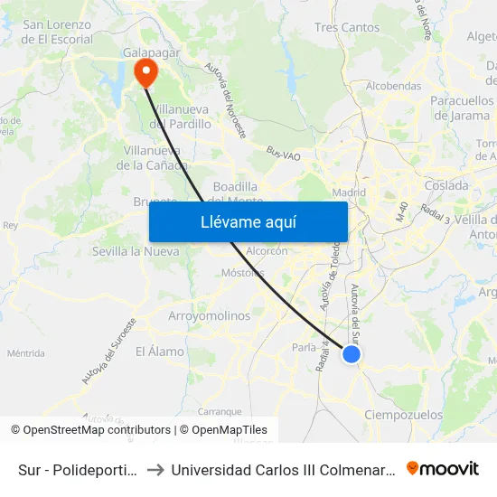 Sur - Polideportivo to Universidad Carlos III Colmenarejo map