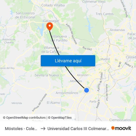 Móstoles - Colegio to Universidad Carlos III Colmenarejo map