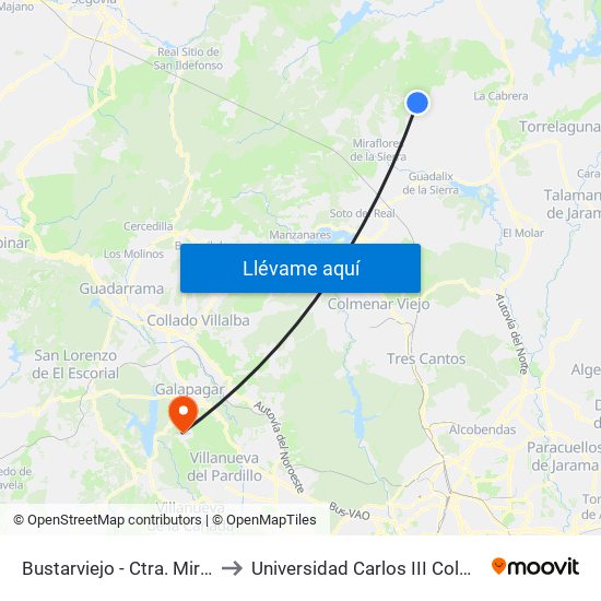Bustarviejo - Ctra. Miraflores to Universidad Carlos III Colmenarejo map