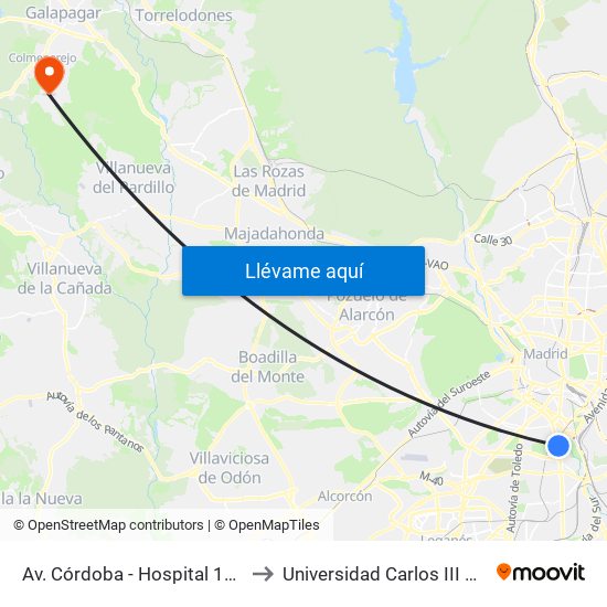Av. Córdoba - Hospital 12 De Octubre to Universidad Carlos III Colmenarejo map