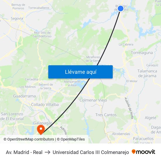 Av. Madrid - Real to Universidad Carlos III Colmenarejo map