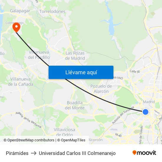 Pirámides to Universidad Carlos III Colmenarejo map