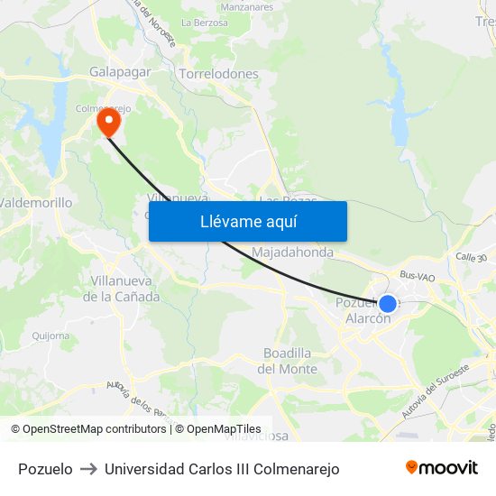 Pozuelo to Universidad Carlos III Colmenarejo map