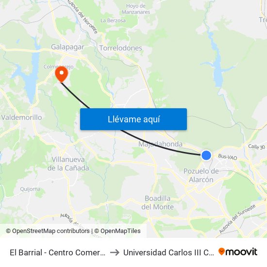 El Barrial - Centro Comercial Pozuelo to Universidad Carlos III Colmenarejo map