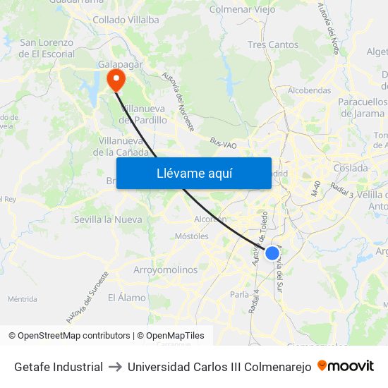 Getafe Industrial to Universidad Carlos III Colmenarejo map