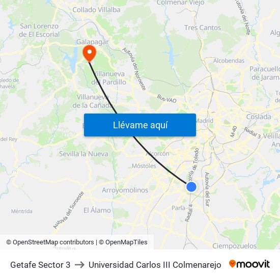 Getafe Sector 3 to Universidad Carlos III Colmenarejo map