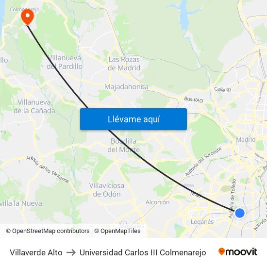 Villaverde Alto to Universidad Carlos III Colmenarejo map