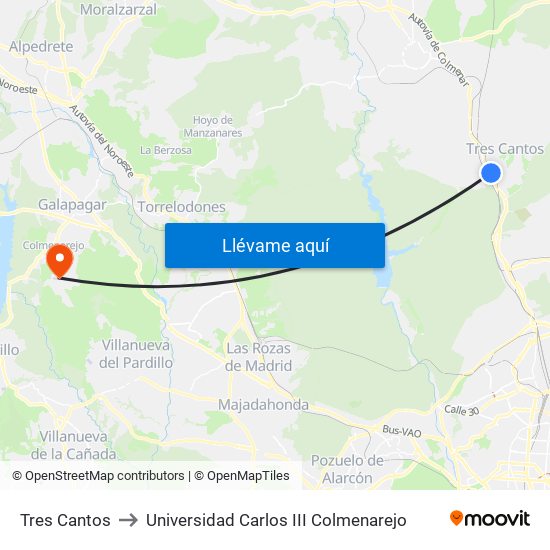 Tres Cantos to Universidad Carlos III Colmenarejo map