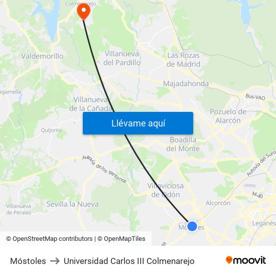 Móstoles to Universidad Carlos III Colmenarejo map