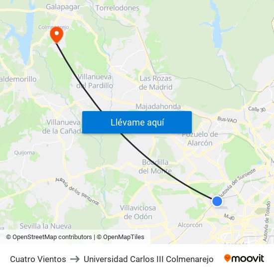 Cuatro Vientos to Universidad Carlos III Colmenarejo map