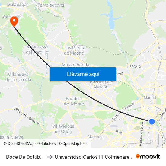 Doce De Octubre to Universidad Carlos III Colmenarejo map