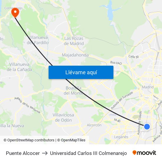 Puente Alcocer to Universidad Carlos III Colmenarejo map