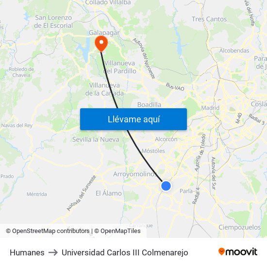 Humanes to Universidad Carlos III Colmenarejo map