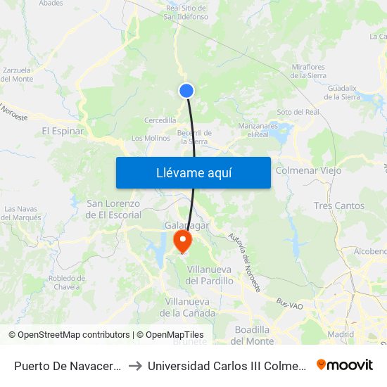 Puerto De Navacerrada to Universidad Carlos III Colmenarejo map