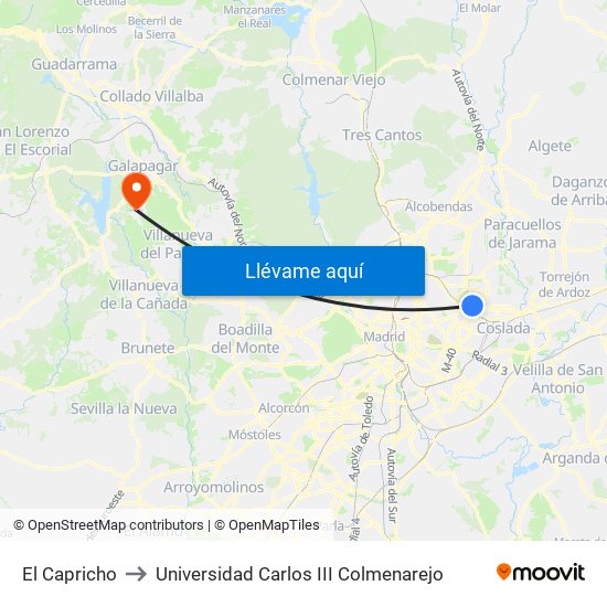 El Capricho to Universidad Carlos III Colmenarejo map