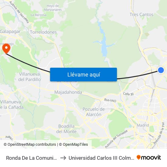 Ronda De La Comunicación to Universidad Carlos III Colmenarejo map