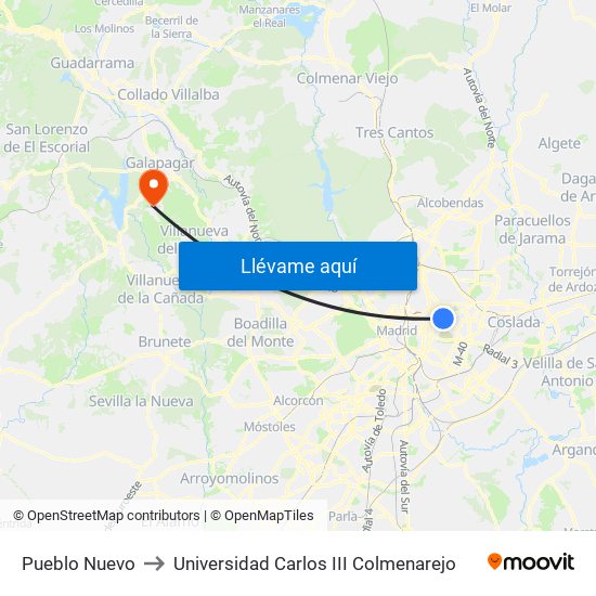 Pueblo Nuevo to Universidad Carlos III Colmenarejo map