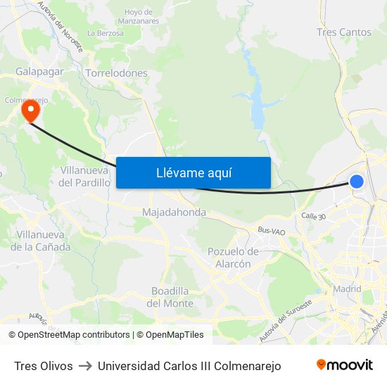 Tres Olivos to Universidad Carlos III Colmenarejo map