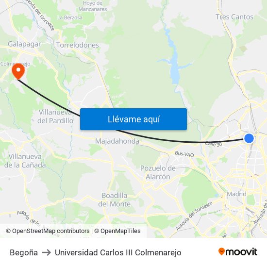 Begoña to Universidad Carlos III Colmenarejo map