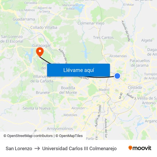 San Lorenzo to Universidad Carlos III Colmenarejo map