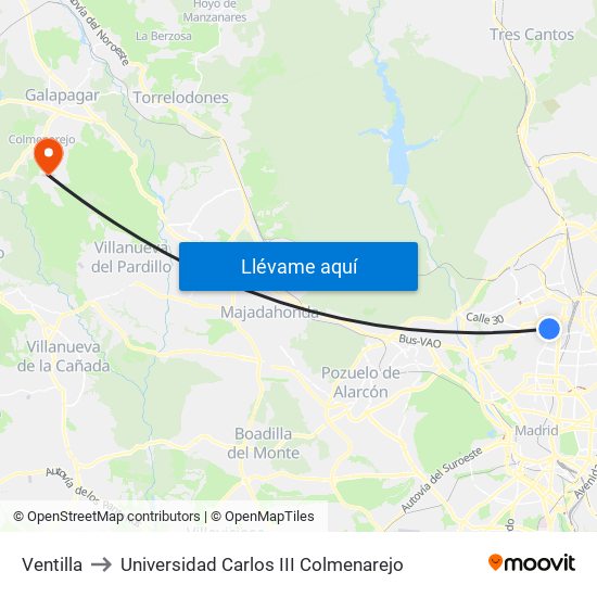 Ventilla to Universidad Carlos III Colmenarejo map