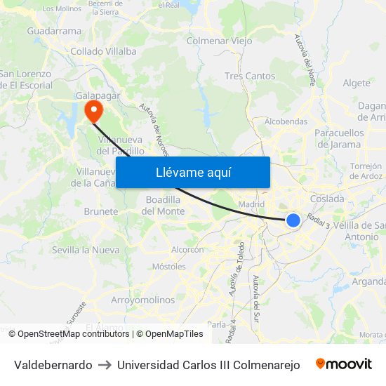 Valdebernardo to Universidad Carlos III Colmenarejo map