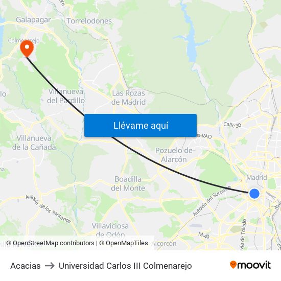 Acacias to Universidad Carlos III Colmenarejo map