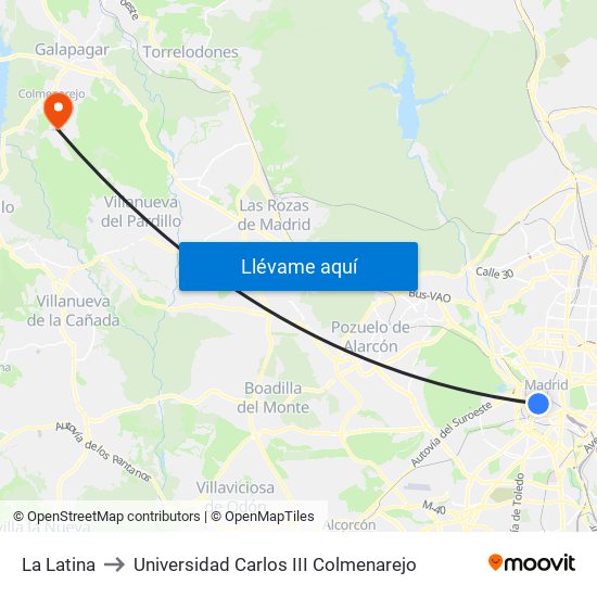 La Latina to Universidad Carlos III Colmenarejo map