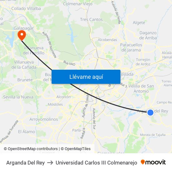 Arganda Del Rey to Universidad Carlos III Colmenarejo map