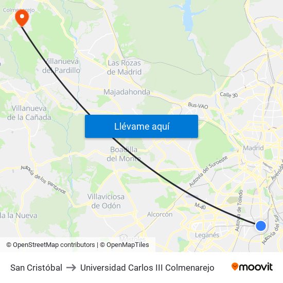 San Cristóbal to Universidad Carlos III Colmenarejo map