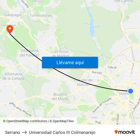 Serrano to Universidad Carlos III Colmenarejo map