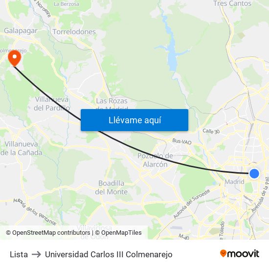 Lista to Universidad Carlos III Colmenarejo map