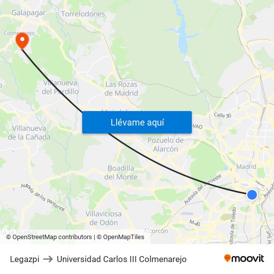 Legazpi to Universidad Carlos III Colmenarejo map