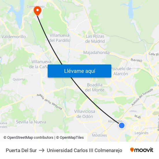 Puerta Del Sur to Universidad Carlos III Colmenarejo map