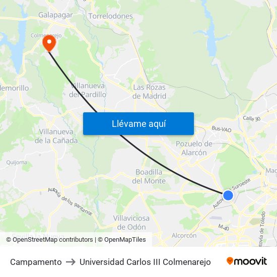 Campamento to Universidad Carlos III Colmenarejo map