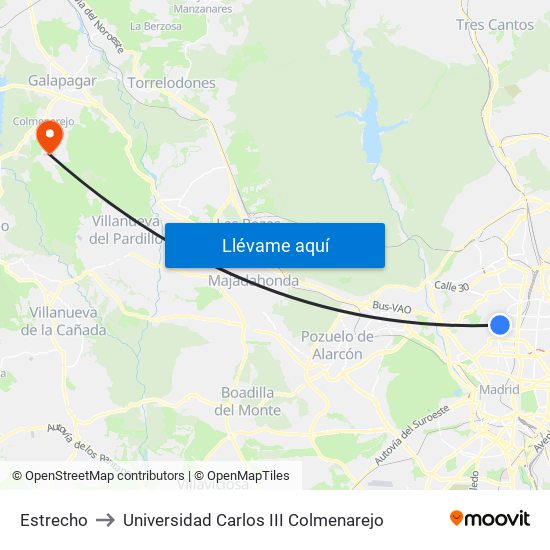 Estrecho to Universidad Carlos III Colmenarejo map