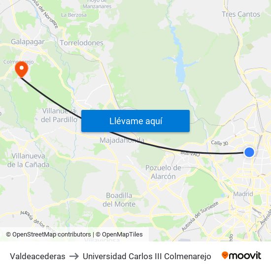Valdeacederas to Universidad Carlos III Colmenarejo map