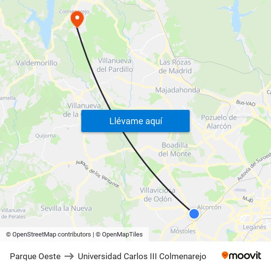 Parque Oeste to Universidad Carlos III Colmenarejo map