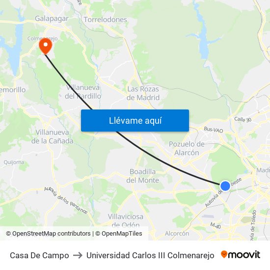 Casa De Campo to Universidad Carlos III Colmenarejo map